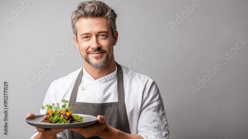 Male chef smiling while presenting a plate of fresh salad  