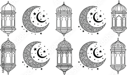 Ramadan lanterns and crescent moons illustration