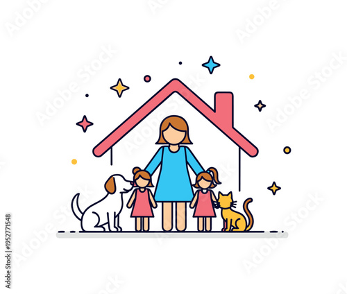 Family home with pets simplified family silhouette standing beside a dog and cat under a shared roof shape, expressing unity and inclusion. A