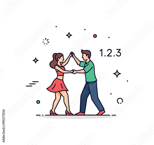 Salsa dance class atmosphere centered around a single dancing pair with a subtle count text nearby, symbolizing learning rhythm and building confidence step by
