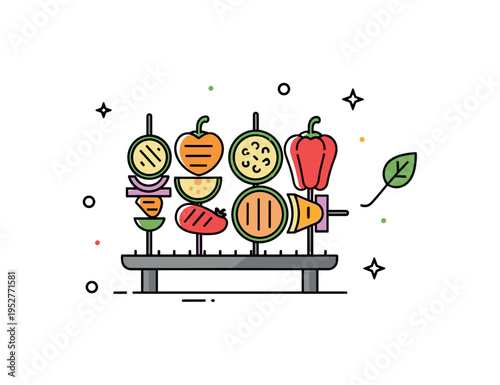 Vegetarian barbecue option centered on colorful grilled vegetables arranged neatly on a small grate with a tiny leaf symbol accent, expressing fresh choices