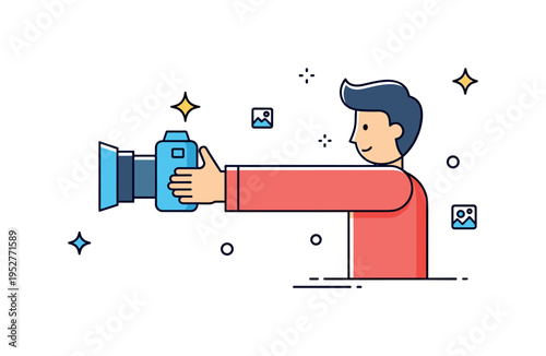 Self portrait photo concept showing a figure extending a camera forward with a small star sparkle near the lens, expressing confidence and modern social