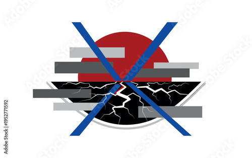 Black and white cracked earth surface as main focal point, oversized deep red circular shape behind symbolizing seismic epicenter, bold cobalt blue diagonal