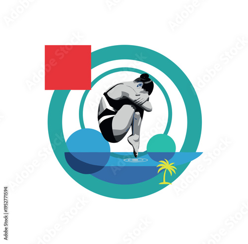 Black and white retro swimsuit figure curled in fetal pose floating above geometric lagoon shapes, bold teal circular frame element, contrasting red block