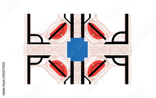 Black and white aerial view of a city intersection with autonomous buses simplified into bold shapes, circular radar waves expanding from vehicles, abstract