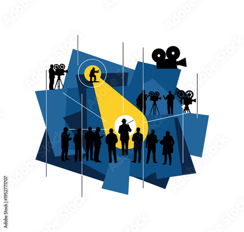 Black and white film crew silhouettes gathered around director giving instructions, vivid yellow circle spotlighting the central figure, deep blue angular