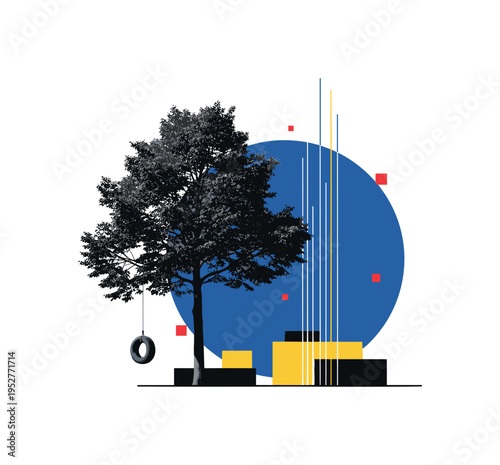 Black and white urban tree with tire swing hanging from branch, large flat blue circle behind intersected by thin vertical building-like lines, small red