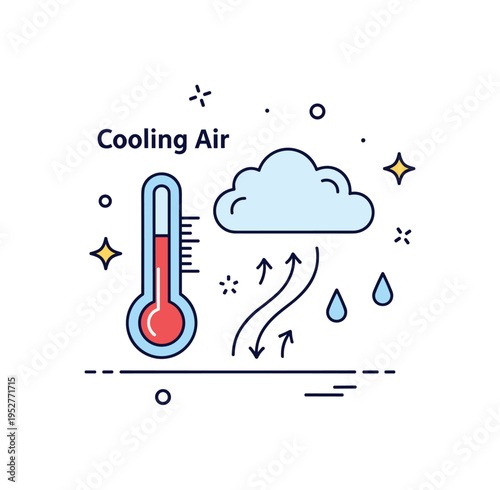 Cooling air and dew point concept illustrated by a thermometer icon near rising vapor turning into a soft cloud, symbolizing temperature drop leading to