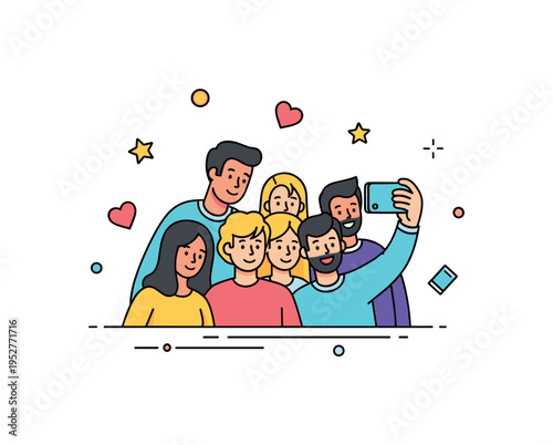 Youth social meetup featuring a small group of friends taking a selfie together, symbolizing friendship, shared memories, and modern digital culture. Minimal