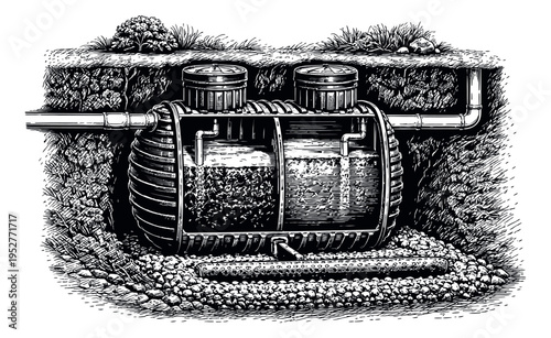 Hand drawn line art illustration of a septic tank system depicting underground waste water treatment for environmental management