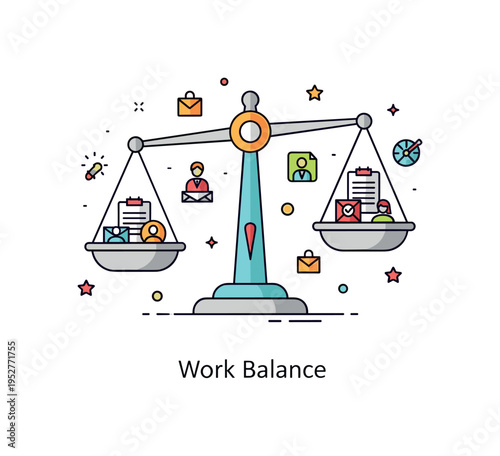 Healthy delegation workload distribution theme shown as a balanced scale with task icons evenly placed on both sides, symbolizing fairness and sustainable