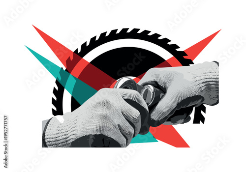 Black and white gloved hands of a construction worker gripping a tool, oversized abstract semicircle behind, bold red and teal flat shapes cutting across the