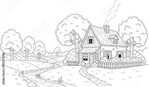 A black and white sketch of a large house with trees