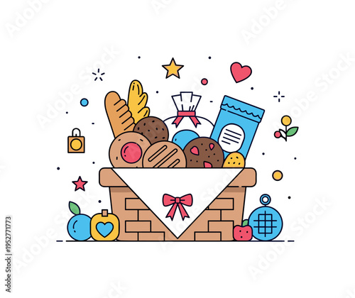 Gift for parents represented by a basket of fresh homemade treats and small trinkets, evoking thoughtfulness and nurturing care. Minimalist flat vector