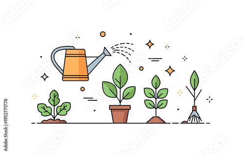 Garden care routine illustrated by a watering can, healthy plants, and a small pulled weed placed aside, expressing consistency, patience, and