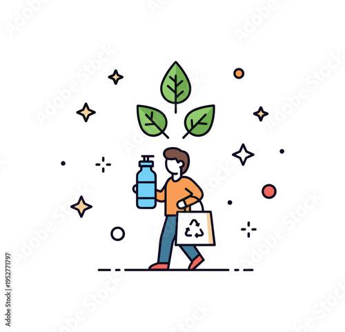 Renewable lifestyle concept illustrated by a small figure carrying a reusable bottle and shopping bag with leaf icons above, symbolizing conscious consumption
