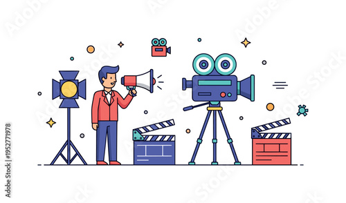 Film set with director and crew illustrated through a director holding a megaphone beside a classic film camera on tripod, with subtle spotlight and