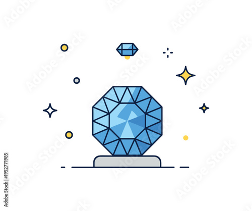 Sapphire gemstone in a minimalist display stand with a tiny light shining on it, emphasizing clarity, cut, and precious craftsmanship. Minimalist flat vector