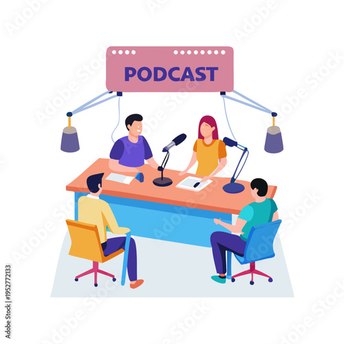 Two diverse women wearing headphones and speaking into microphones, recording a podcast or live radio broadcast with \.
