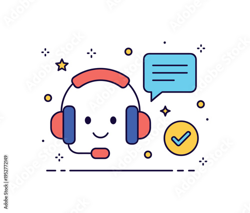 Customer support solutions centered on a friendly headset icon combined with a chat bubble and checkmark, expressing fast and reliable assistance for users. A