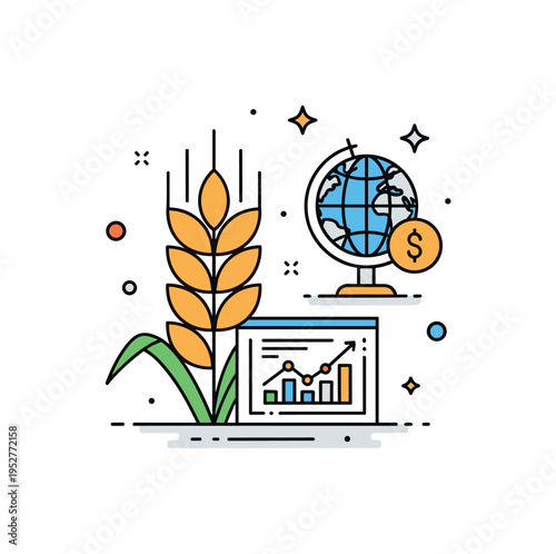 Agricultural commodity markets represented by a wheat stalk combined with a small chart panel and globe accent to express worldwide grain pricing and supply