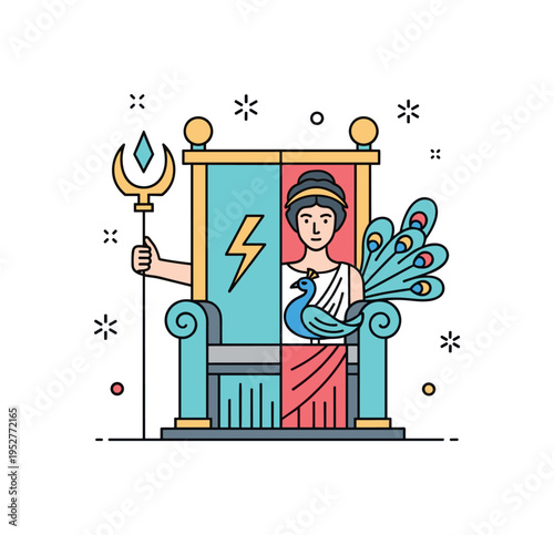 Zeus and Hera symbols of power and loyalty shown through a throne icon divided into two halves, one marked with a lightning bolt and the other with a peacock