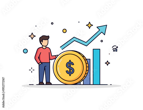Startup funding announcement founder standing beside a large coin icon and upward arrow chart, subtle spark accents suggesting investor confidence and early