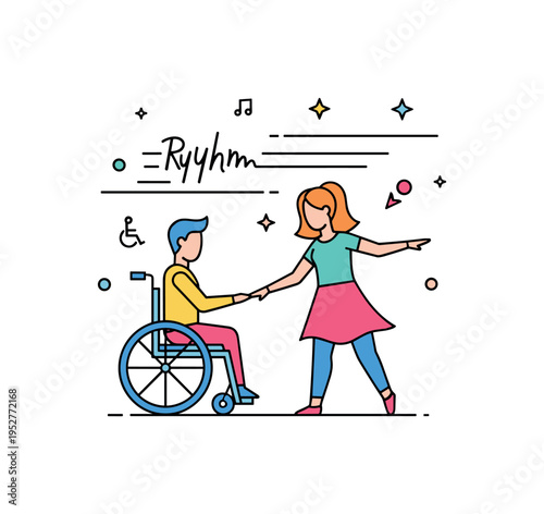 Inclusive dance class showing a wheelchair user and standing dancer moving together in harmony beneath gentle rhythm lines, symbolizing equality and shared