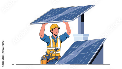 Renewable Energy Installation: A skilled technician, clad in a safety vest and helmet, meticulously installs solar panels.
