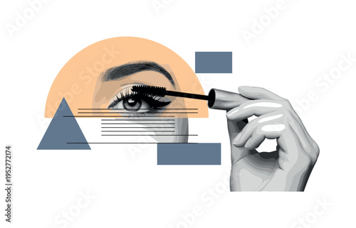 Black and white eye-level portrait applying mascara carefully to lashes, bright warm beige semicircle framing the eye area, thin black horizontal lines