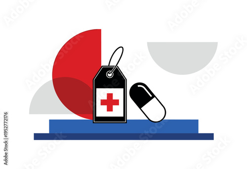 Black and white medical tag resting next to simple pill silhouette icon, oversized red semicircle anchoring upper composition, cobalt blue rectangular base