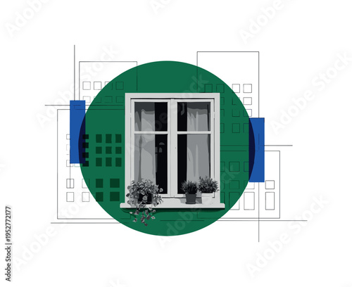 Black and white apartment window with plants growing on sill, oversized deep green circle framing the window, cobalt blue rectangular accents suggesting