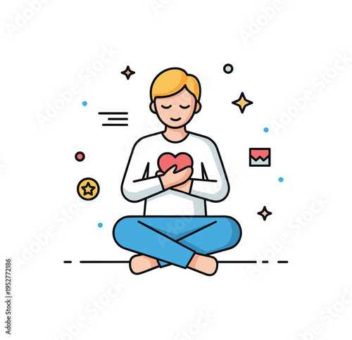 Healthy self image concept illustrated by a calm seated figure holding a small heart close to the chest, communicating compassion and emotional wellbeing. The