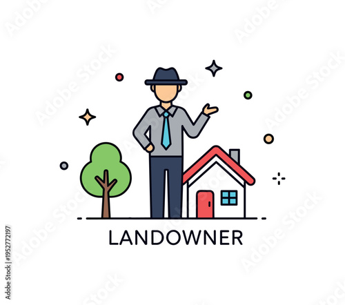 Landowner silhouette of a confident property owner standing beside a small house and tree icon arranged as a balanced badge. A clean editorial scene expressing