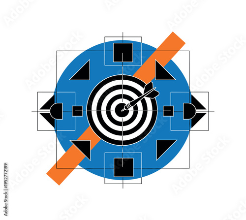 Black and white target icon with a dart precisely centered, oversized blue circular backdrop intersected by orange diagonal bar for dynamic tension, geometric