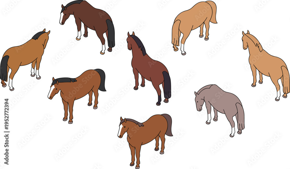 Obraz premium Isometric horse illustrations set different poses and colors farm animals equine collection vector illustration design for agriculture and ranch themes