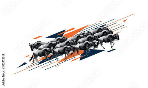 Black and white herd of wildebeest running diagonally across the frame, fragmented angular shards and linear motion beams emphasizing migration energy, vivid