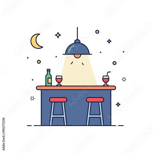 Night bar culture illustrated by a simple bar counter silhouette with two stools and a glowing hanging lamp above, creating an intimate late-night mood. The