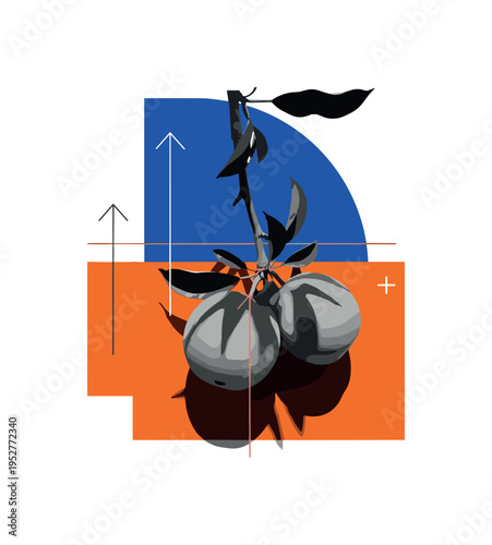 Black and white fruit hanging from branch with visible shadow contrast, bold blue semicircle behind upper portion suggesting sky backdrop, orange rectangle