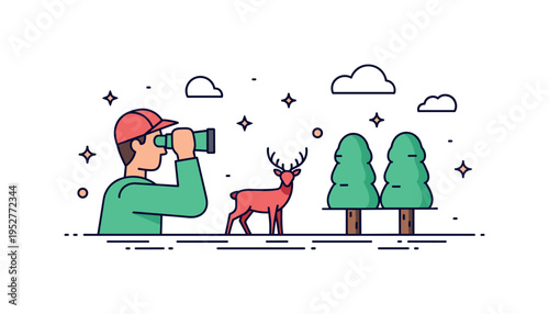 Wildlife ecologist monitoring biodiversity shown as a person with binoculars facing a small deer silhouette and tree cluster, conveying observation,