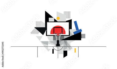 Black and white basketball hoop mounted onto abstract geometric wall, bold red semicircle behind rim, thin linear court markings extending across layout, small