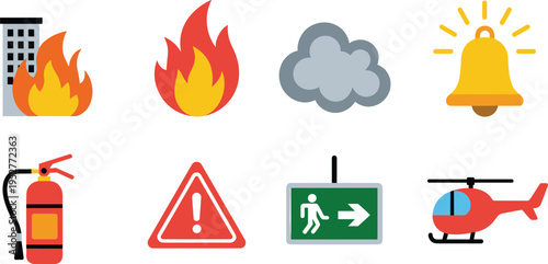 Fire safety emergency icon set extinguisher alarm warning exit rescue helicopter disaster prevention flat vector illustration collection design