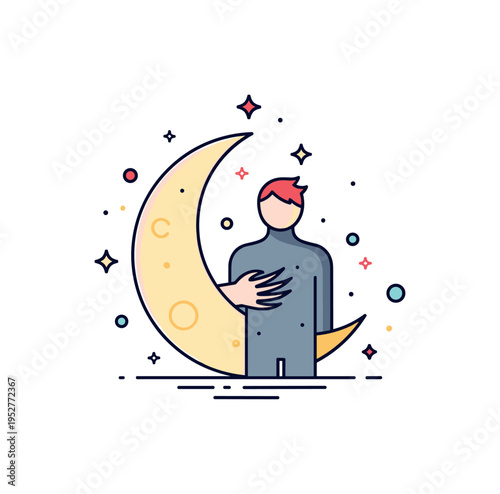 Werewolf legend theme crescent moon positioned behind a transforming human figure with subtle claw detail emerging. A compact editorial scene about folklore