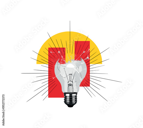 Black and white light bulb shattered with electric spark emerging, abstract yellow semicircle halo and red rectangular accents layered behind, thin black lines