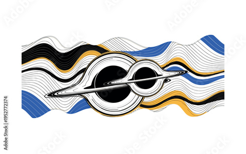 A monochrome pair of orbiting black hole silhouettes simplified into flat circular forms, surrounding space warped into geometric wave distortions and curved