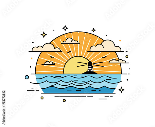 Seaside golden sky radiant sunset framed by gentle waves and a tiny lighthouse silhouette in the distance, conveying safety, guidance and peaceful coastal