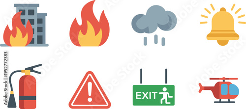 Fire safety emergency icons set alarm extinguisher warning exit helicopter rescue disaster protection flat vector illustration collection design