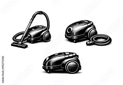 Canister vacuum cleaner, a realistic canister vacuum cleaner shown with hose attached, hose detached, and side view as three object representations focusing on