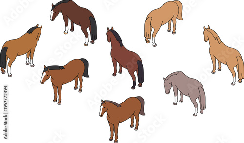 Isometric horse illustrations set different poses and colors farm animals equine collection vector illustration design for agriculture and ranch themes