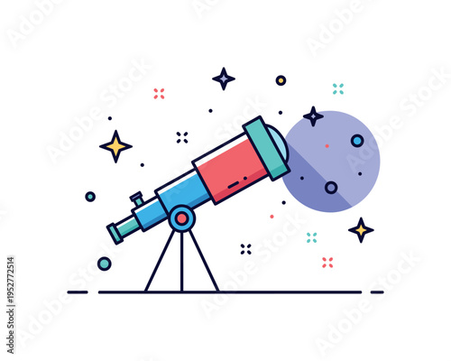 Astrophysics research on dark matter represented by a telescope icon aimed at a star field with highlighted shadow circle, symbolizing scientific observation